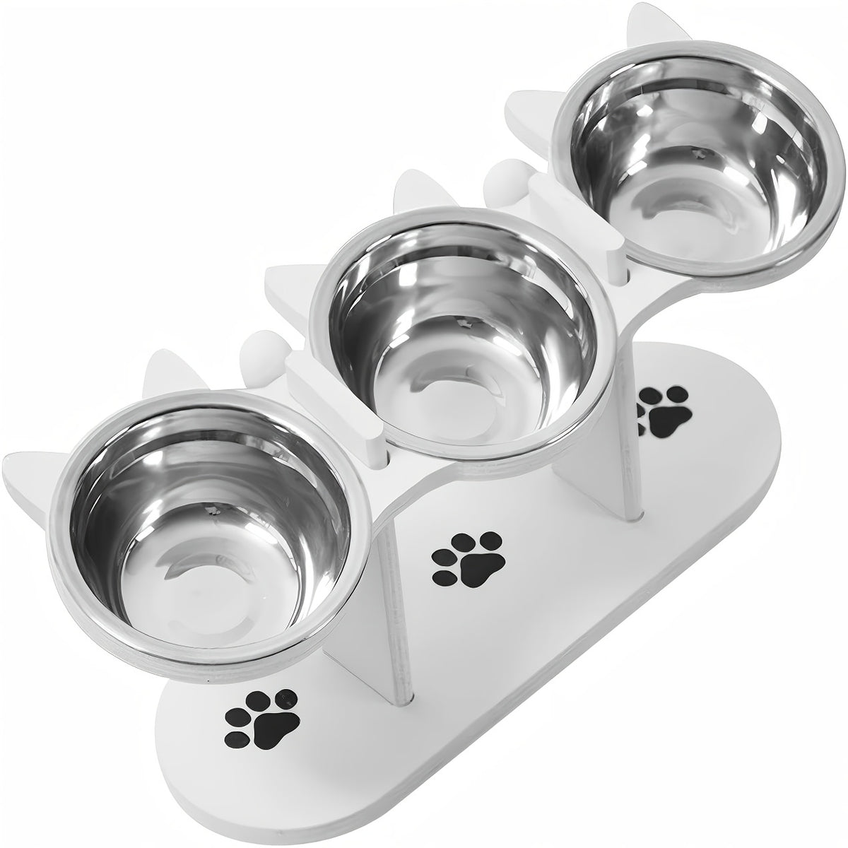 Adjustable Elevated Cat Bowls with 15 Degree Tilt, 2 or 3 Stainless Steel Food and Water Dishes on Black Stand, Standard or Widened Styles