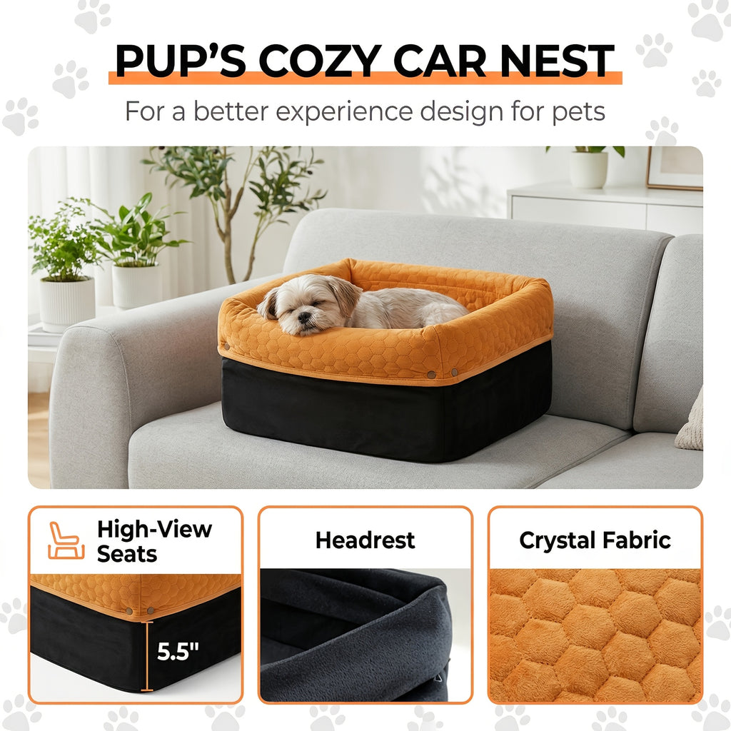 Memory Foam Dog Car Seat for Pets up to 35 lbs, Non-Slip Booster Travel Bed with Removable Waterproof Cover, Adjustable Straps and Storage Pocket