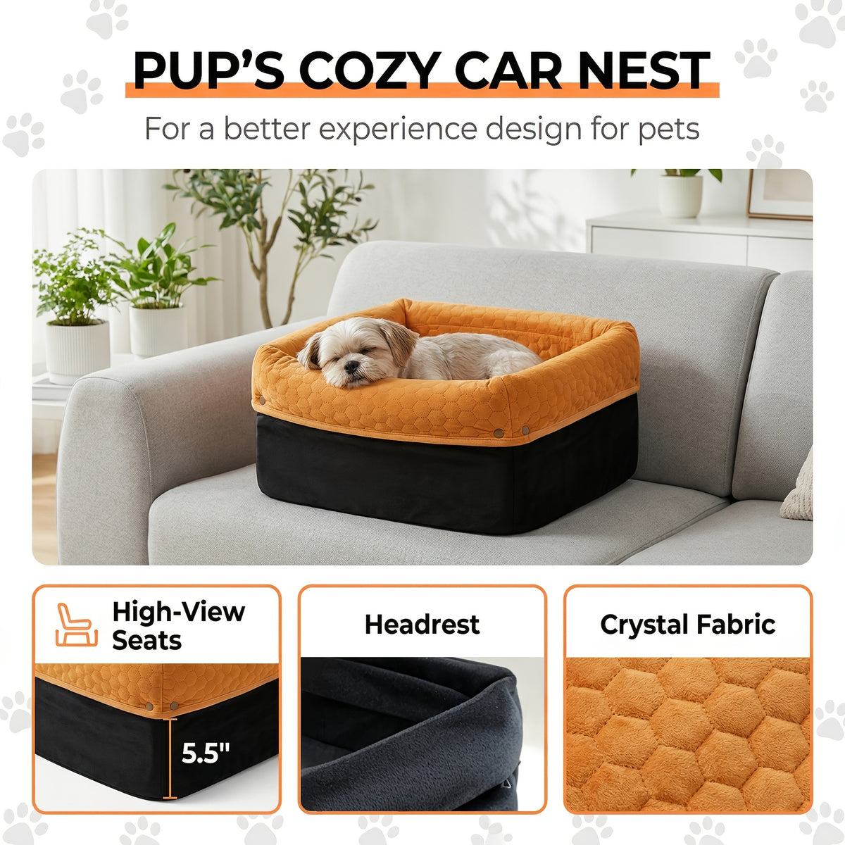 Memory Foam Dog Car Seat for Pets up to 35 lbs, Non-Slip Booster Travel Bed with Removable Waterproof Cover, Adjustable Straps and Storage Pocket