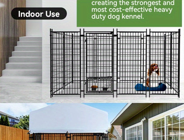 Dog Kennel with Silver Canopy and 2 Rotating Bowls, Welded Steel Outdoor Dog Pen with Lockable Gate, 51-Inch Width and Three Length Options