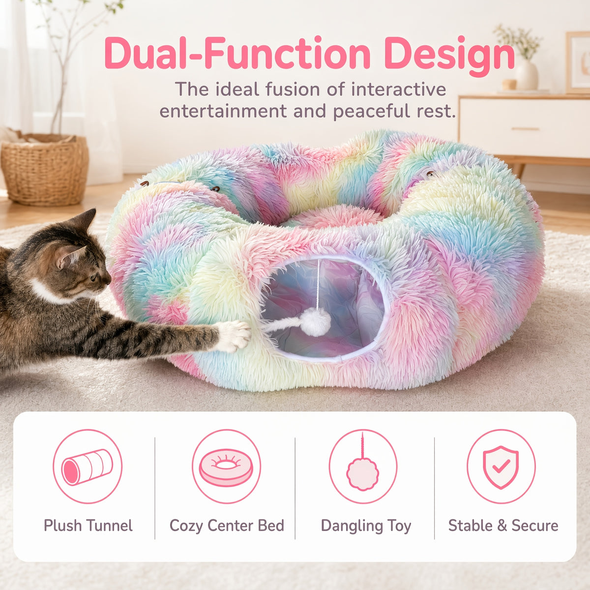 Plush Cat Tunnel Bed for Indoor Cats, 2-in-1 Foldable Donut Hideaway with Removable Washable Mat and Hanging Toy Ball, Four Color Options
