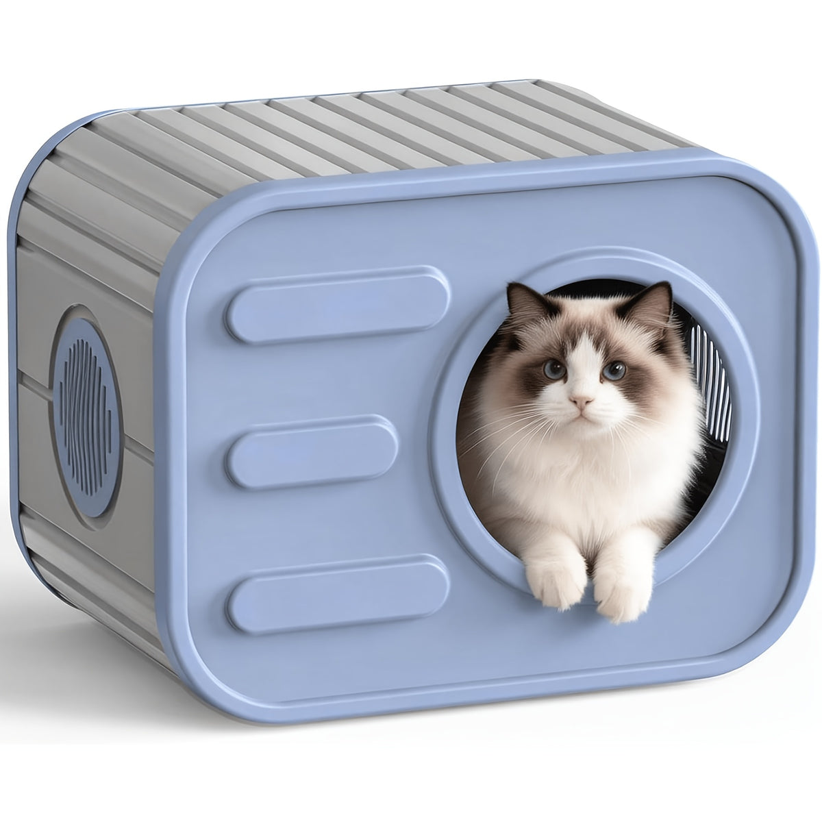Camera-Shaped Cat House with Side Ventilation, Washable Cat Hideaway in Blue or Black for Indoor and Sheltered Outdoor Use, Optional Cushion