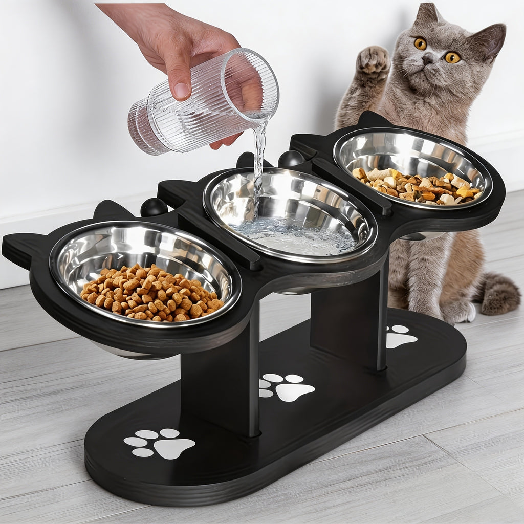 Adjustable Cat Bowl Stand with 3 Stainless Steel Bowls, 15 Degree Tilted Black Elevated Feeding Station with Cat-Ear Holders for Food and Water