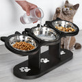 Adjustable Cat Bowl Stand with 3 Stainless Steel Bowls, 15 Degree Tilted Black Elevated Feeding Station with Cat-Ear Holders for Food and Water