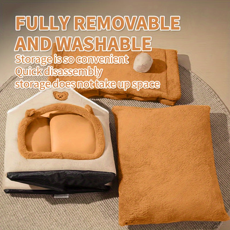 Cat House Bed with Cabin-Style Roof, Detachable Washable Oxford Fabric Pet Hideaway in Three Sizes for Indoor Cats and Small Dogs