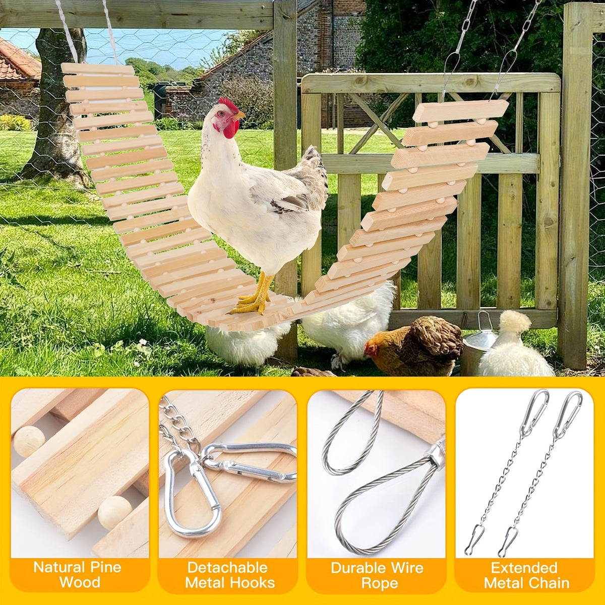 Chicken Ladder Swing and Perch Toy, Natural Wooden Coop Accessory for Hens, Roosters and Chicks, Backyard Poultry Climbing and Perching