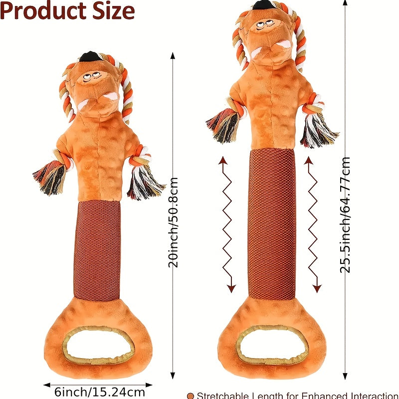 Plush Tug Dog Toy with Crinkle Paper and Squeaker, Soft Rope-Body Animal Toy for Supervised Gentle Play, Bear, Dinosaur, Monkey or Hippo Styles