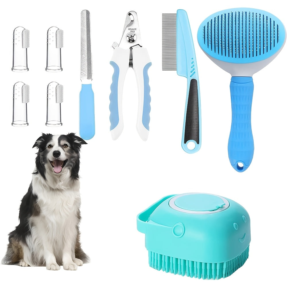 Dog Grooming Tool Set with Self-Cleaning Slicker Brush, Nail Clippers, Comb, Bath Brush and Finger Toothbrushes for At-Home Dog and Cat Care