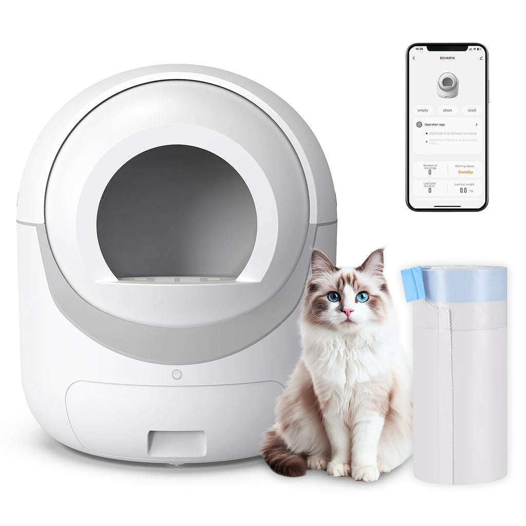 Self Cleaning Litter Box with App Control, White Automatic Cat Toilet with Odor Control Features and Waste Bags for Multi-Cat Household Cleanup