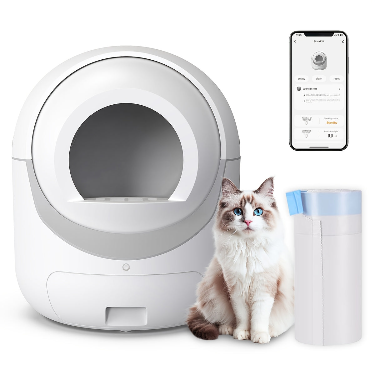 Self Cleaning Litter Box with App Control, White Automatic Cat Toilet with Odor Control Features and Waste Bags for Multi-Cat Household Cleanup