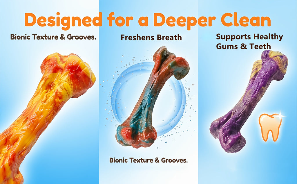 Beef-Scented Dog Chew Toys 3-Pack, Textured Bone-Shaped Chewing Toys for Medium and Large Dogs, Purple Red Orange Supervised Play Set