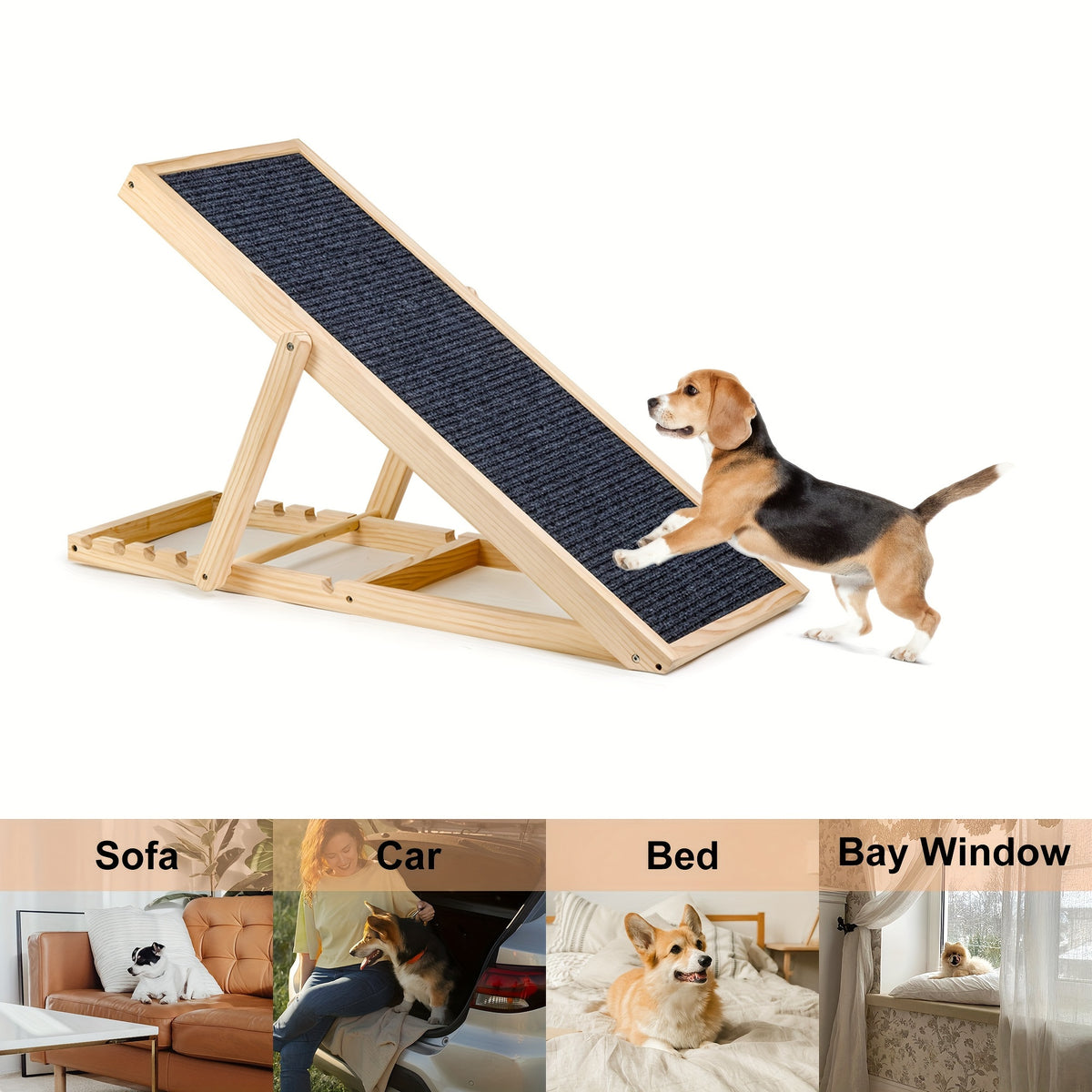 Portable Dog Ramp 42 Inch, Wooden Pet Access Ramp for Dogs and Cats to Reach Suitable Cars, Beds and Couches, Rated Up to 200 Pounds