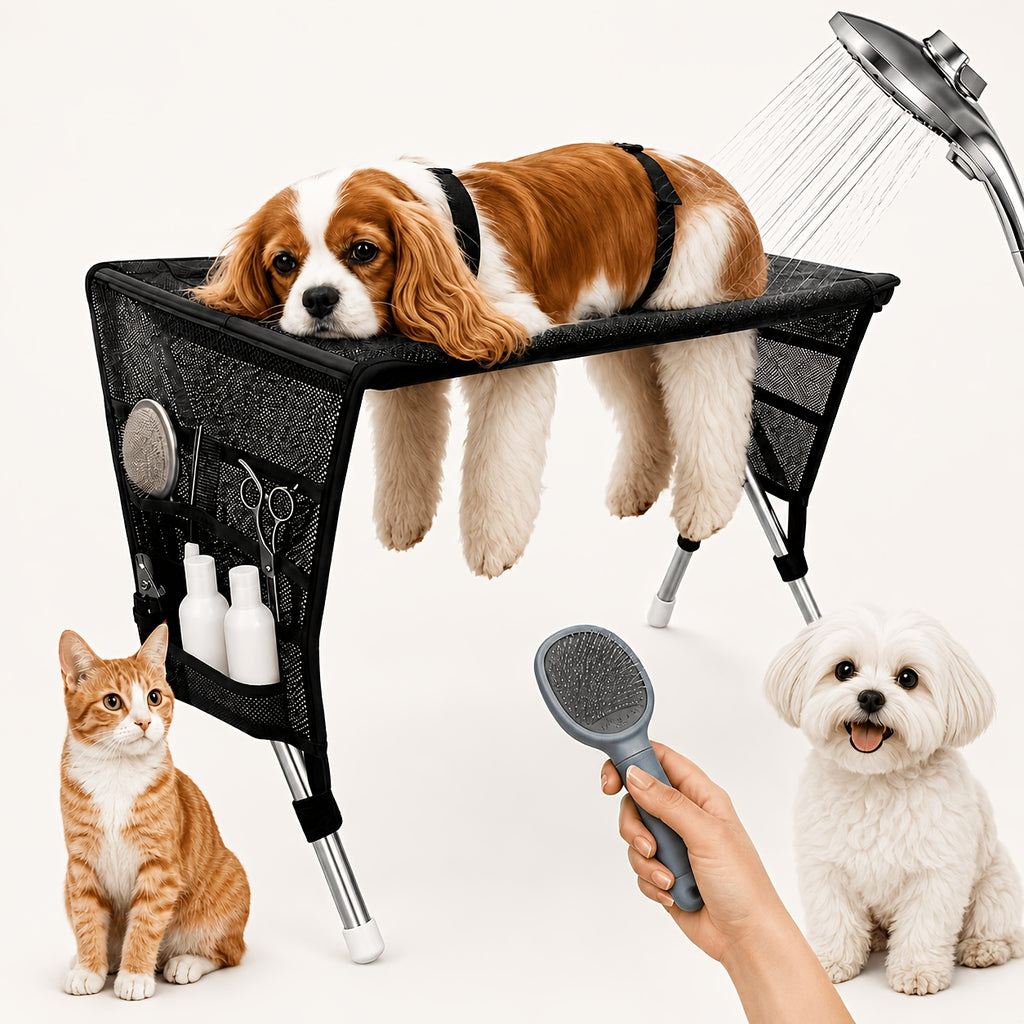 Pet Grooming Hammock with Stand for Nail Trimming, Foldable Mesh Support Bed for Cats and Dogs, Bathing and At-Home Paw Care