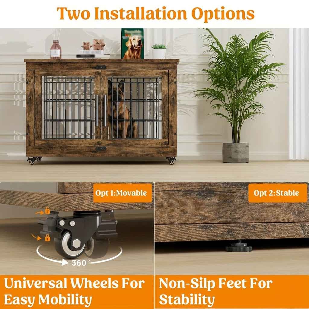 Wooden Dog Crate Furniture with Cushion Mat, 4 Sizes, Metal Bar Kennel End Table with Secure Lock, Reversible Side Door, Wheels or Anti-Slip Feet, Gray or Brown for S to XL Dogs