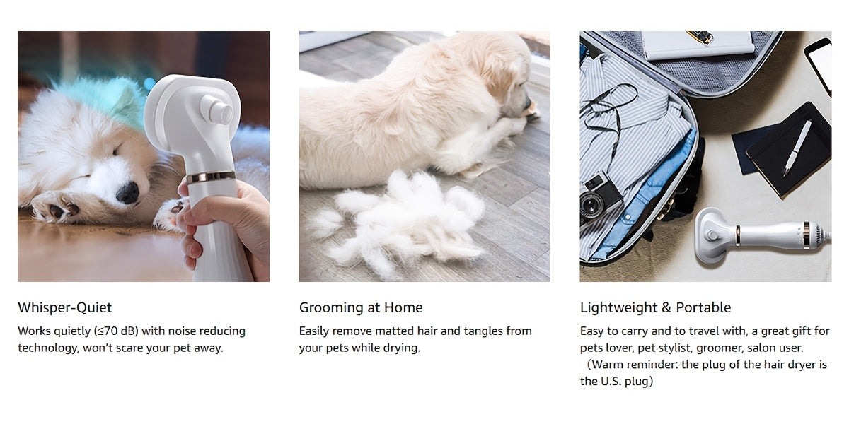 Dog Hair Dryer Brush 2-in-1 with One-Button Hair Removal, Corded Pet Grooming Slicker with 3 Heat Settings for Dogs and Cats, Gold Trim