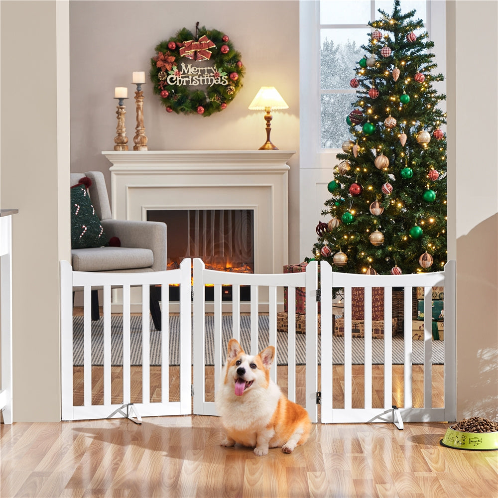 Freestanding Folding Dog Gate in White, 24 Inch Tall MDF Pet Barrier with Door and Two Support Feet for Small Dogs, Indoor Doorways and Hallways