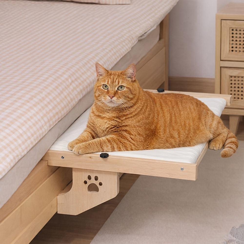 Wooden Cat Perch with Plush Pad, Wide Indoor Cat Hammock Platform for Compatible Window and Cabinet Locations, Optional Cool Mat Model