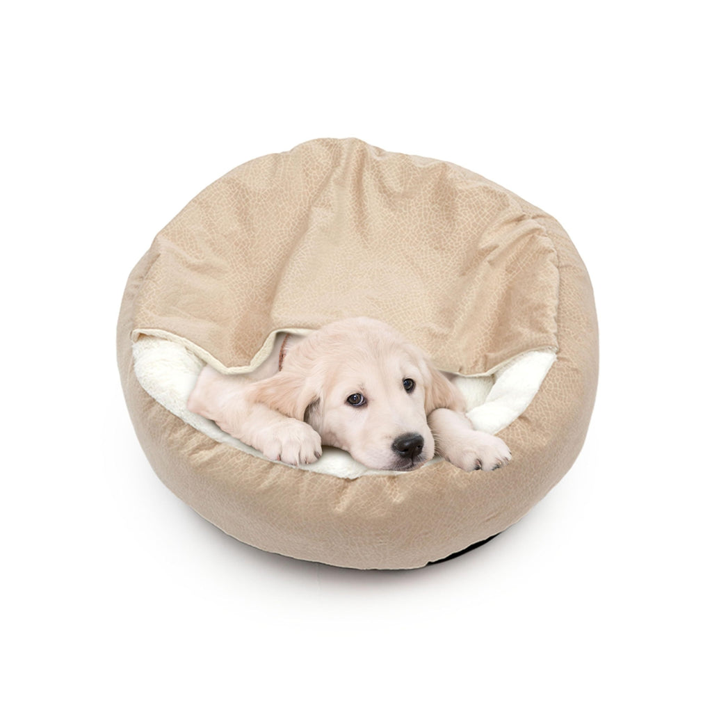 Donut Cave Dog Bed with Hooded Blanket, Fluffy Round Pet Nest with Raised Edges and Non-Slip Bottom for Indoor Dogs and Cats, Beige or Grey