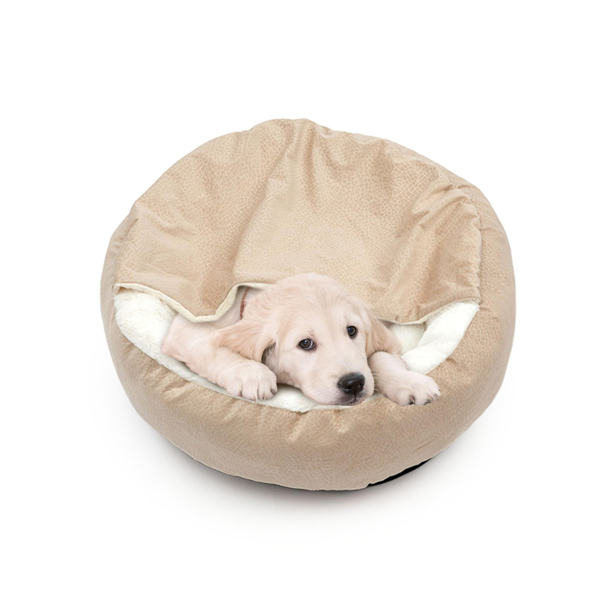 Donut Cave Dog Bed with Hooded Blanket, Fluffy Round Pet Nest with Raised Edges and Non-Slip Bottom for Indoor Dogs and Cats, Beige or Grey