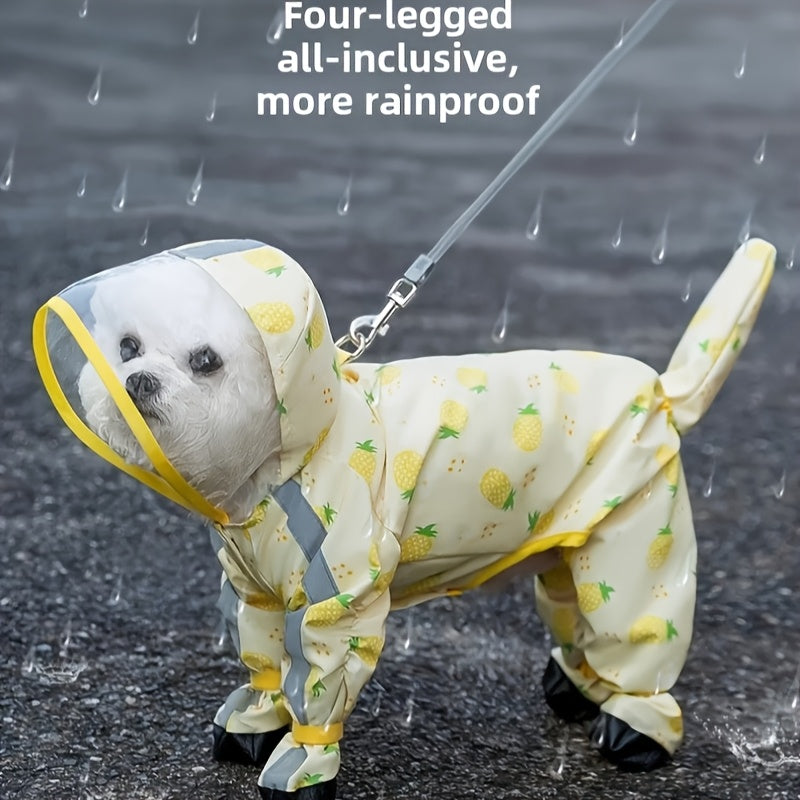 Dog Raincoat with Four-Leg Coverage, Reflective Strip, Extended Brim & Snap Closure for Rainy Walks, Pink Strawberry or Yellow Pineapple