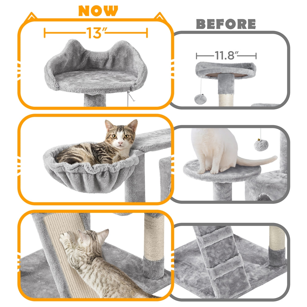 Cat Tree 57 Inch with Two Condos, Plush Multi-Level Indoor Kitten Tower with Round Platform, Ladder and Dangling Ball for Small Cats