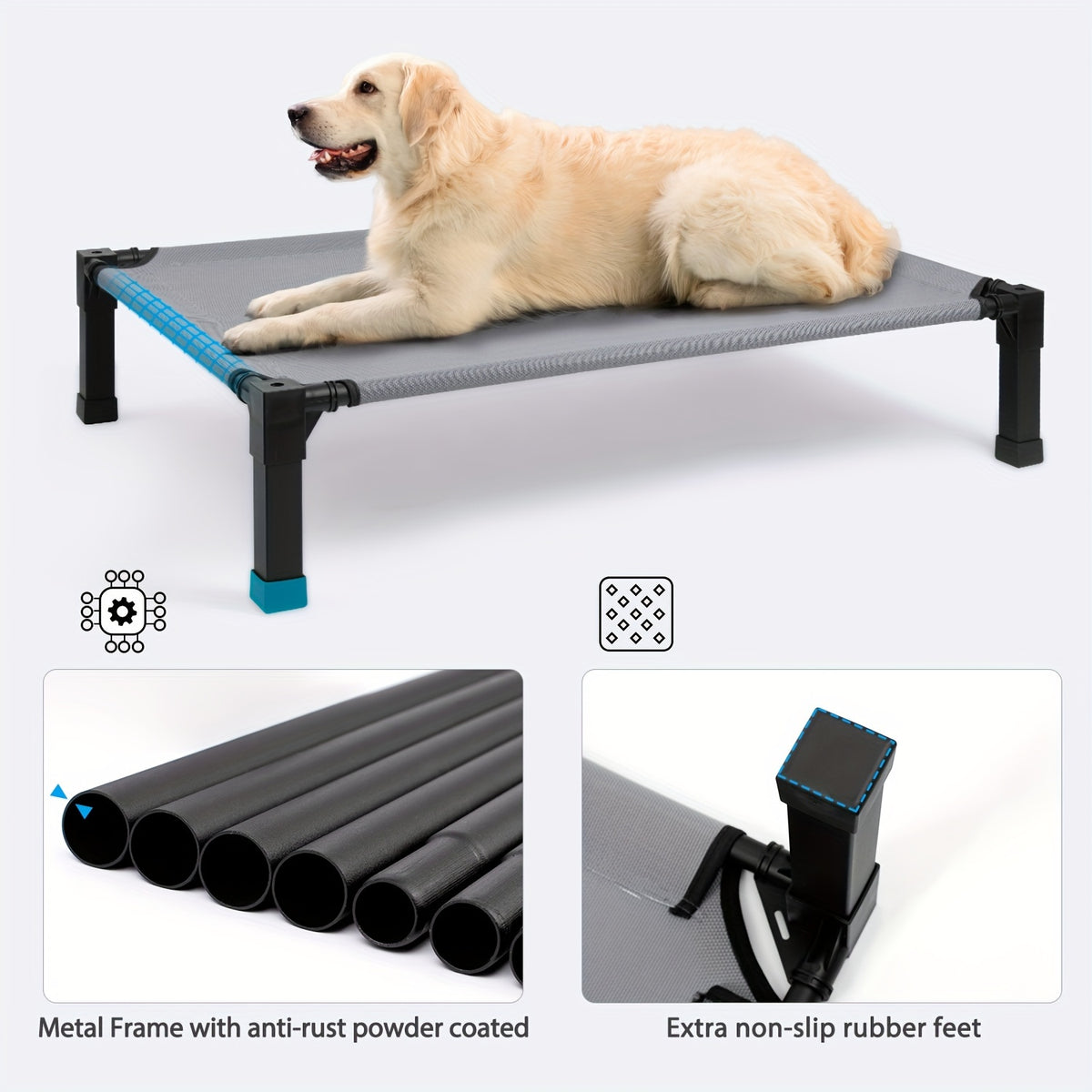Raised Mesh Dog Bed with Metal Frame and Non-Slip Feet, Washable Breathable Pet Cot in 35 to 60 Inch Sizes for Indoor and Outdoor Lounging