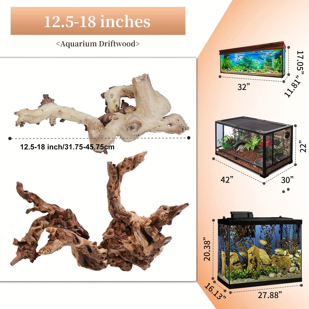 Aquarium Driftwood Decor 2-Pack, 12.5-18 Inch Large Natural Wood with Fewer Branches for Fish Tank Aquascaping and Reptile Enclosures