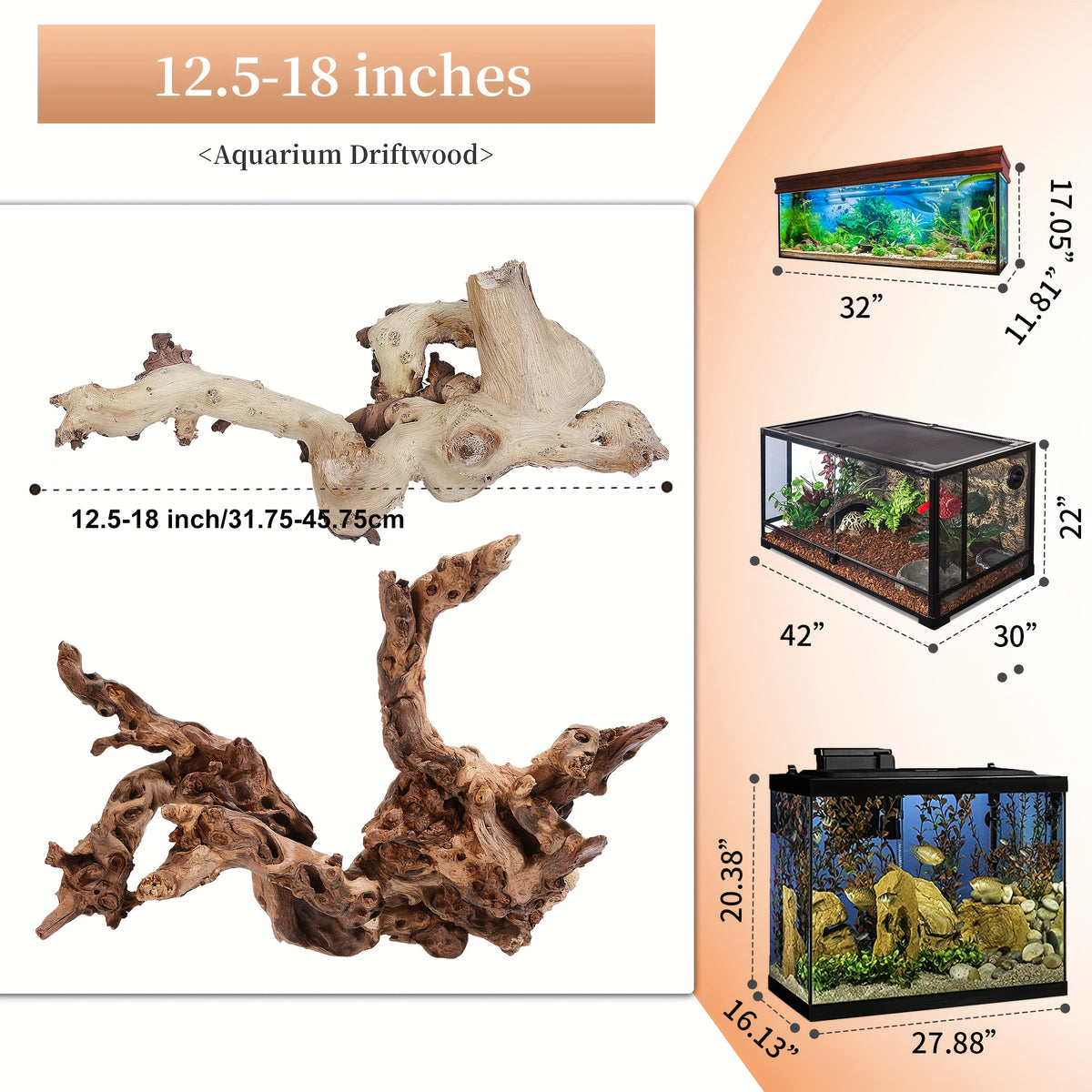 Aquarium Driftwood Decor 2-Pack, 12.5-18 Inch Large Natural Wood with Fewer Branches for Fish Tank Aquascaping and Reptile Enclosures
