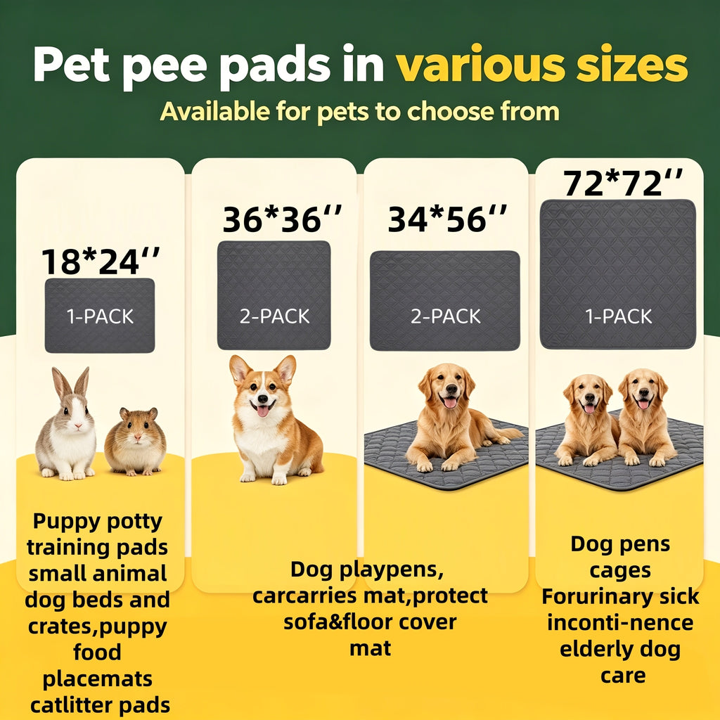 Washable Pet Pee Pads in 18 x 24 to 72 x 72 Inch Sizes, Reusable Non-Slip Absorbent Dog Training Mats with Size-Specific One or Two Pack Options