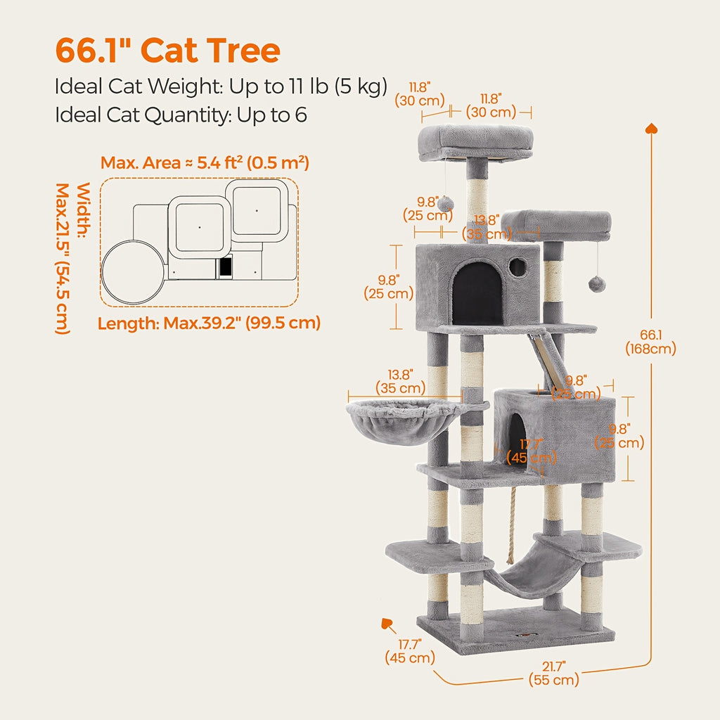 Multi-Level Cat Condo Tower with Cave and Plush Hammock, Sisal Scratching Features and Perches for Indoor Rest and Play, 44 66 or 79 Inch Options