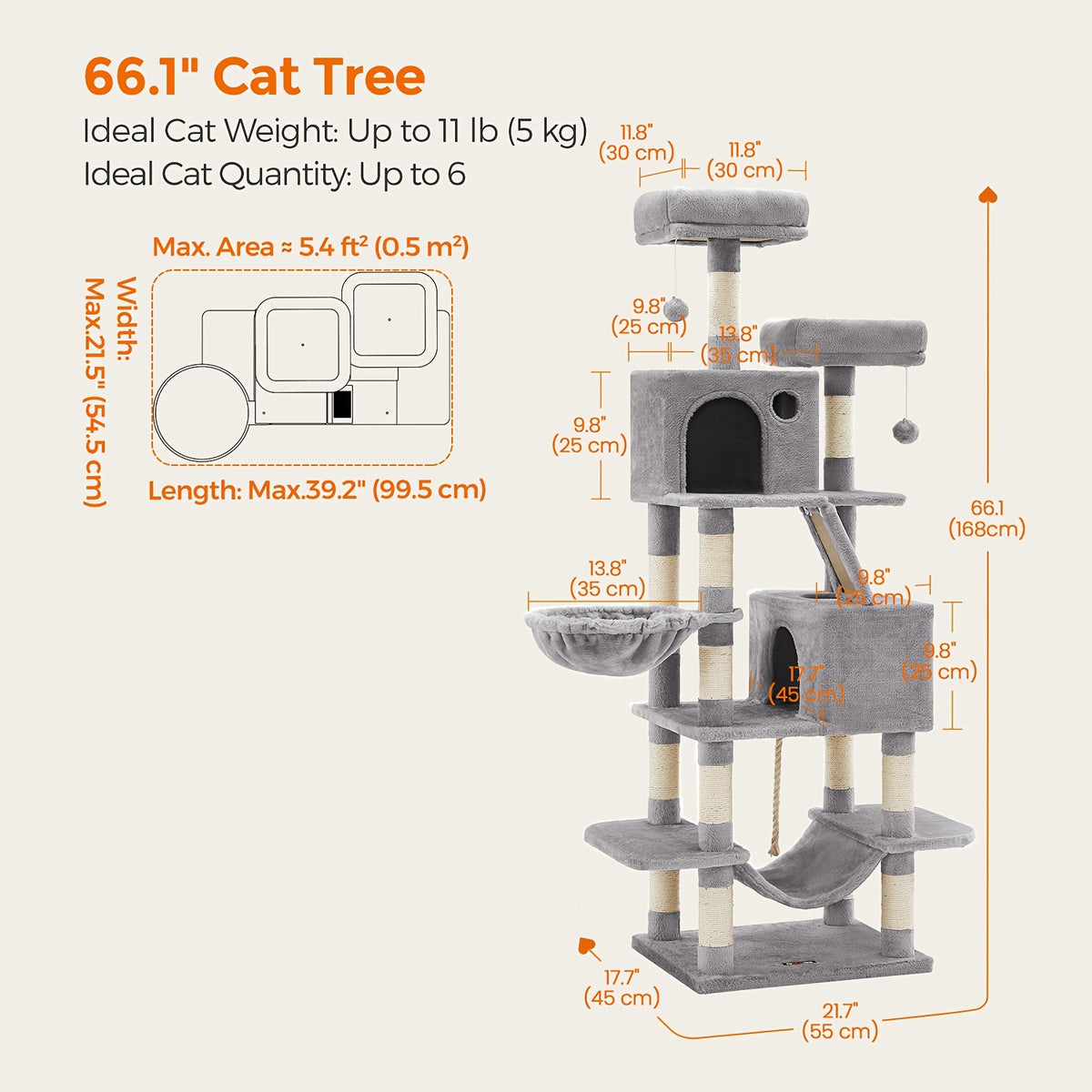 Multi-Level Cat Condo Tower with Cave and Plush Hammock, Sisal Scratching Features and Perches for Indoor Rest and Play, 44 66 or 79 Inch Options