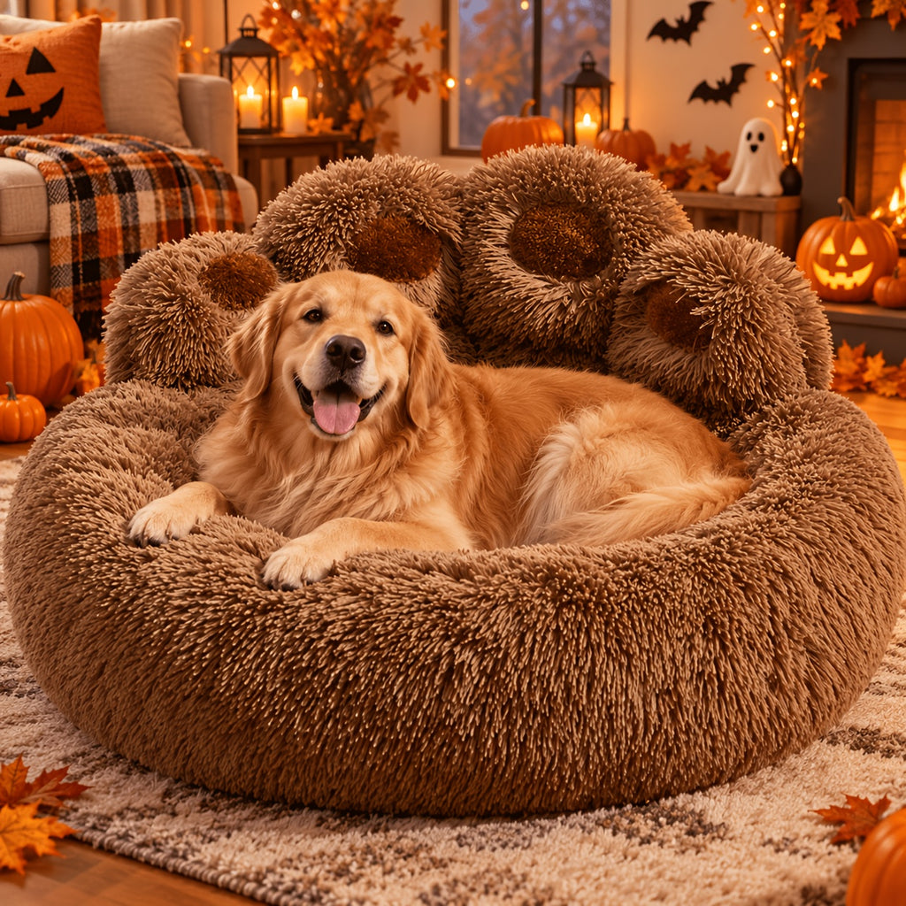 Donut Dog Bed with Bear Paw Design, Soft Plush Cuddler for Dogs and Cats, Cozy Indoor Sleeping Nest in Coffee Gray or Pink, 22 to 37 Inch Sizes