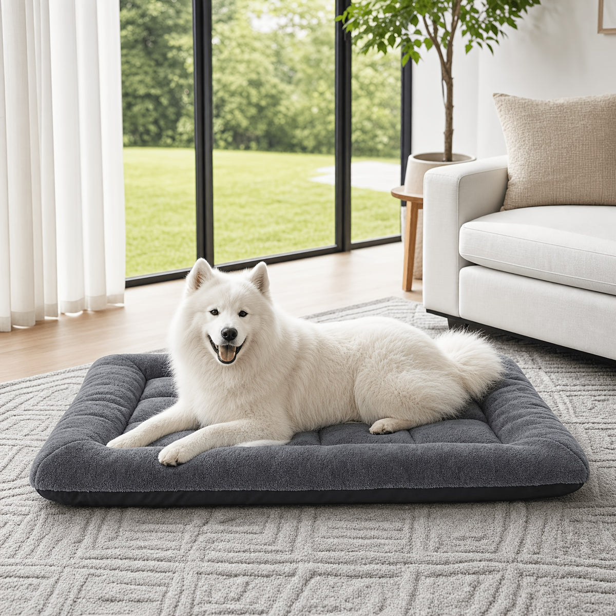 Fleece Dog Crate Pad with PP Cotton Filling, Gray Washable Flat Kennel Mat with Non-Slip Bottom, Cozy Pet Bedding in Five Sizes up to 54 x 36 Inches