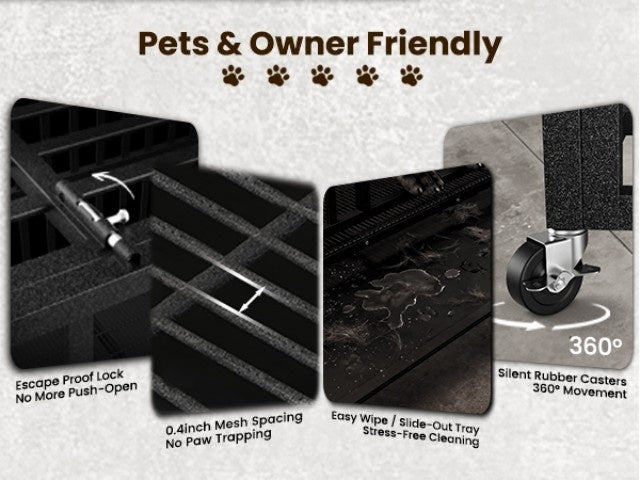 Heavy Duty Dog Crate with Top Opening, Black Steel Kennel in 42 or 48 Inch Models with Front Door, Lockable Wheels and Removable Cleaning Tray