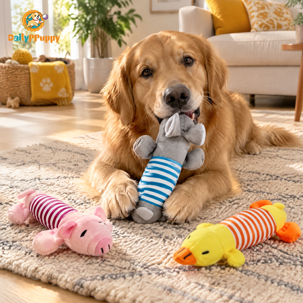 Squeaky Dog Toys with Striped Plush Design, 3 Pack 7.5 Inch Soft Stuffed Animal Toys in Assorted Colors for Small and Medium Dogs, Supervised Gentle Play