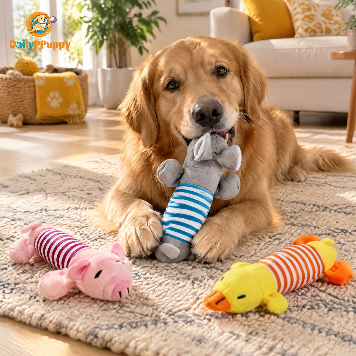Squeaky Dog Toys with Striped Plush Design, 3 Pack 7.5 Inch Soft Stuffed Animal Toys in Assorted Colors for Small and Medium Dogs, Supervised Gentle Play