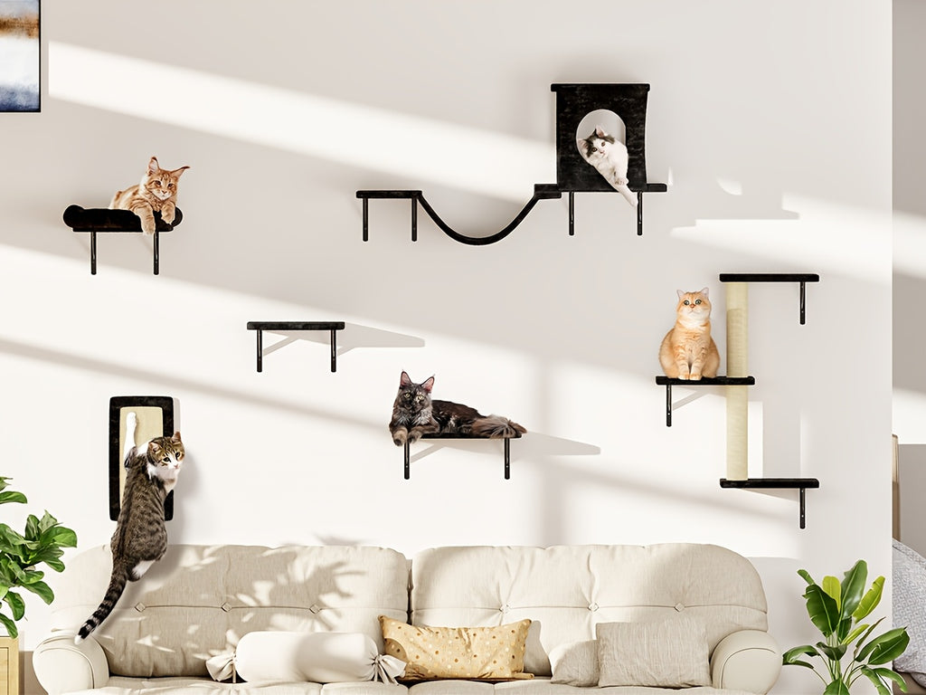 Cat Wall Furniture 7-Piece Set with House, Bridge, Hammock and Scratching Board, Wall-Mounted Climbing Shelves for Indoor Cats in Black or Grey
