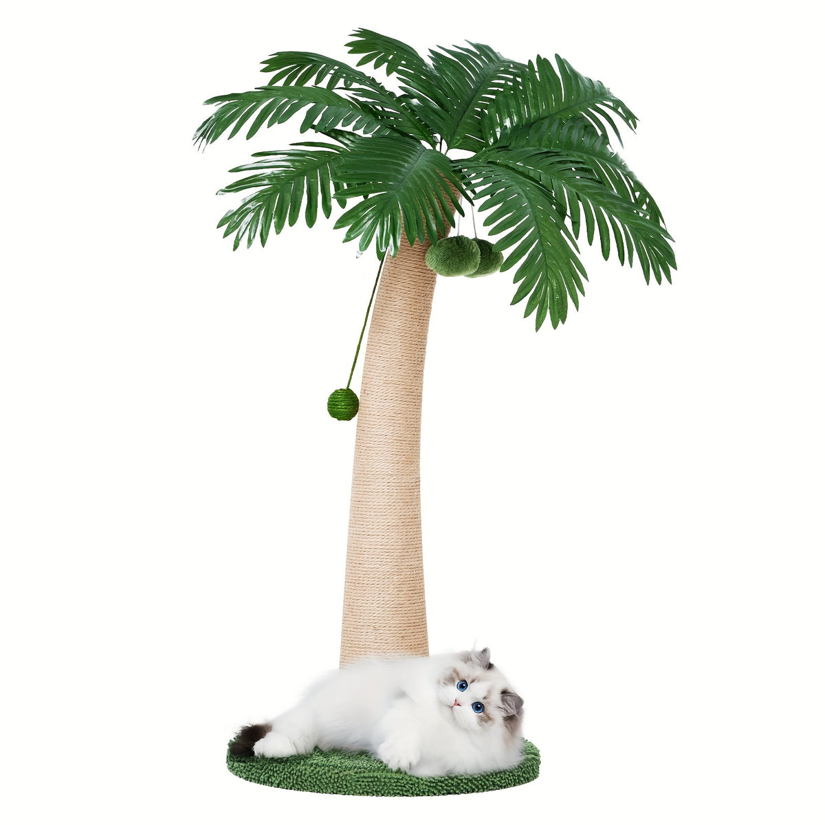 Coconut Tree Cat Scratching Post 43 Inch, Tall Sisal Scratcher with Three Hanging Pom-Pom Toys and Soft Fabric Round Base for Indoor Cats