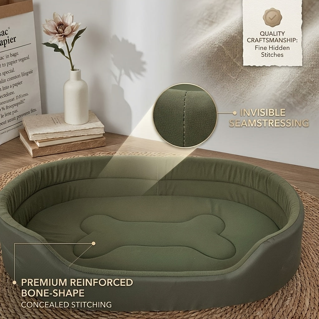 Washable Bolster Dog Bed with Bone Stitching, Soft Raised-Side Pet Nest for Dogs and Cats in Grey or Green with Five Size Options for Indoor Rest