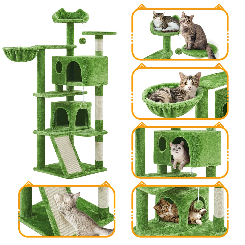 Cat Tree 57 Inch with Two Condos, Plush Multi-Level Indoor Kitten Tower with Round Platform, Ladder and Dangling Ball for Small Cats