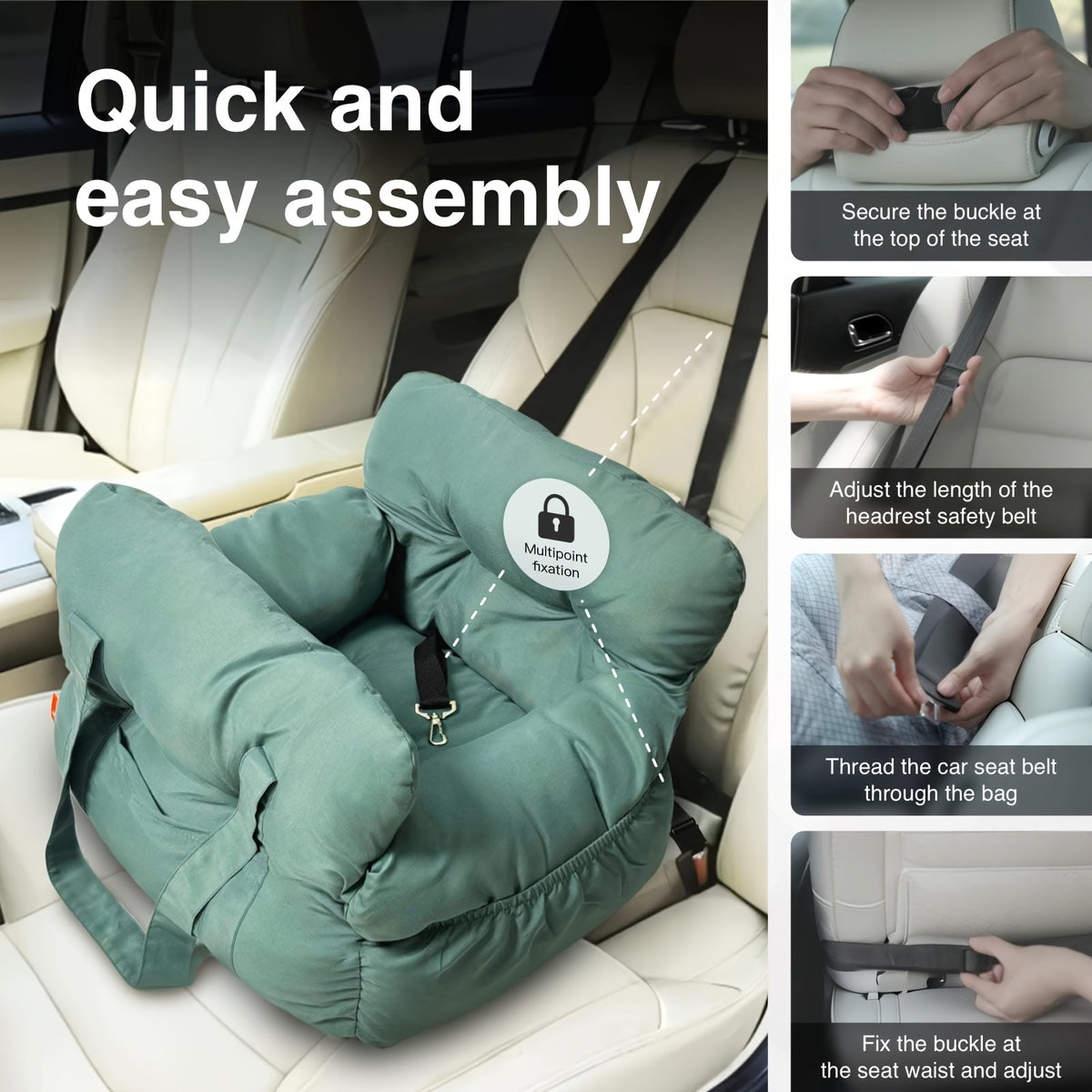 Portable Dog Car Seat with Carry Straps, Cushioned Pet Travel Bed for Dogs and Cats with Attachment Hook and Buckle, Seven Color and Style Options