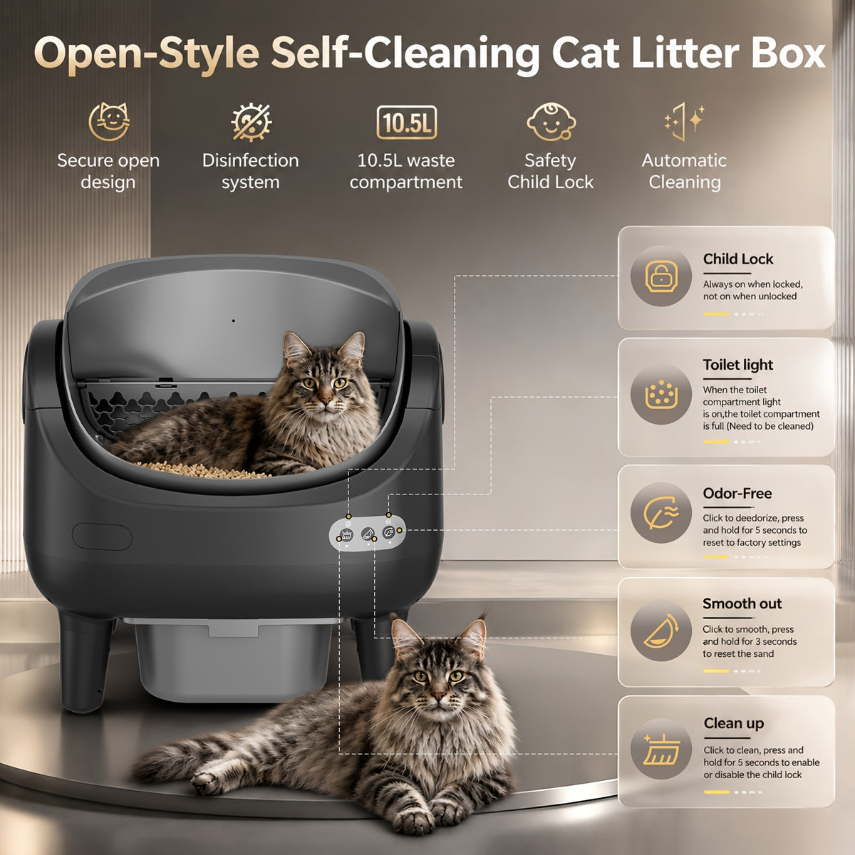 Sensor Equipped Self Cleaning Litter Box with Open Design, Extra Large Automatic Cat Toilet and Large Waste Compartment for Multi-Cat Homes