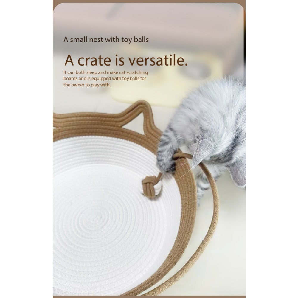 Woven Cat Bed and Scratcher Basket with Cat Ear Rim and Rope Ball Toy, Medium Indoor Lounger for Resting, Scratching and Play
