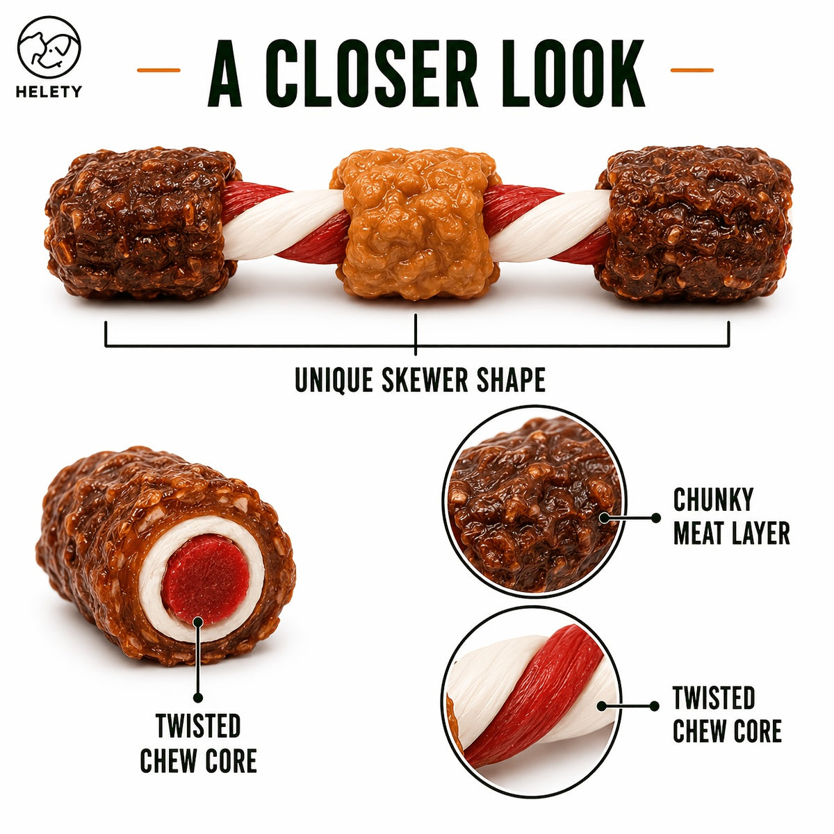 3-in-1 Dog Treat Skewers with Chicken Sausage, Duck Jerky and Bone-Shaped Chews, Mixed-Texture Snacks for Supervised Rewards and Treat Time
