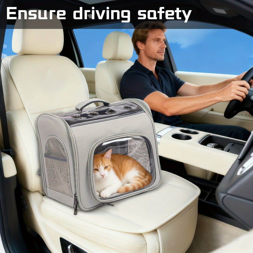 Cat Backpack with Front Opening and Breathable Mesh Window, Foldable Pet Carrier in Purple, Pink, Gray or Blue for Walks and Travel