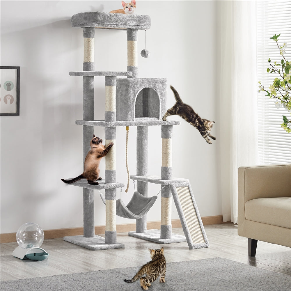 63 Inch Cat Tree with Hammock and Condo, Light Gray Plush Multi-Level Cat Tower with Scratching Posts, Ramp, Top Perch and Hanging Ball