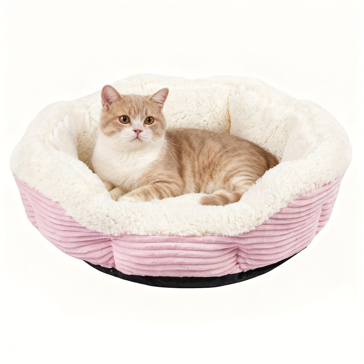 Machine Washable Pet Bed for Cats and Dogs, Thick Plush Winter Sleeping Cushion with Non-Slip Base, Pink or Gray in Round and Rectangle Options