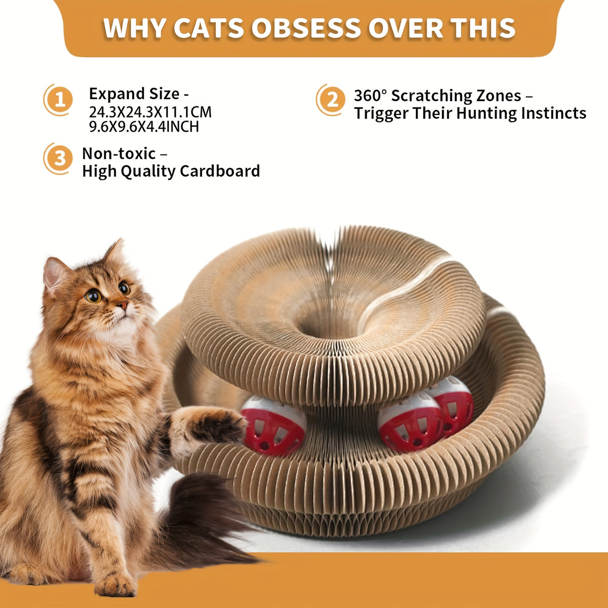 Accordion Cat Scratcher with Ball Track, Foldable Corrugated Cardboard Scratching Pad for Indoor Cats, Brown with Bell Bundle Option