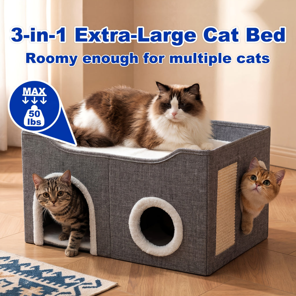 Foldable Cat House with Double-Layer Enclosed Bed and Sisal Scratching Feature, Grey Indoor Cat Hideaway with Multiple Openings for Small Spaces