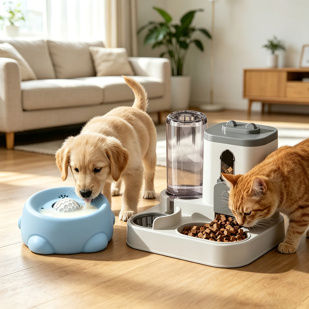Cat Feeding Station with Food and Water Dispenser Options, Colorful Pet Feeder or Rolling Ball Slow Feeder Bowl for Everyday Indoor Meals
